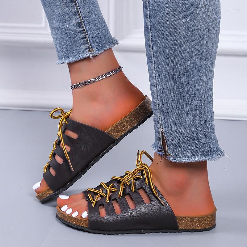 

Slippers Fashion Women Sandals Cork Beach Peep Toe Slides Female Flat Lace Up Shoes Summer Casual Soft Leather Flip Flops, Auburn