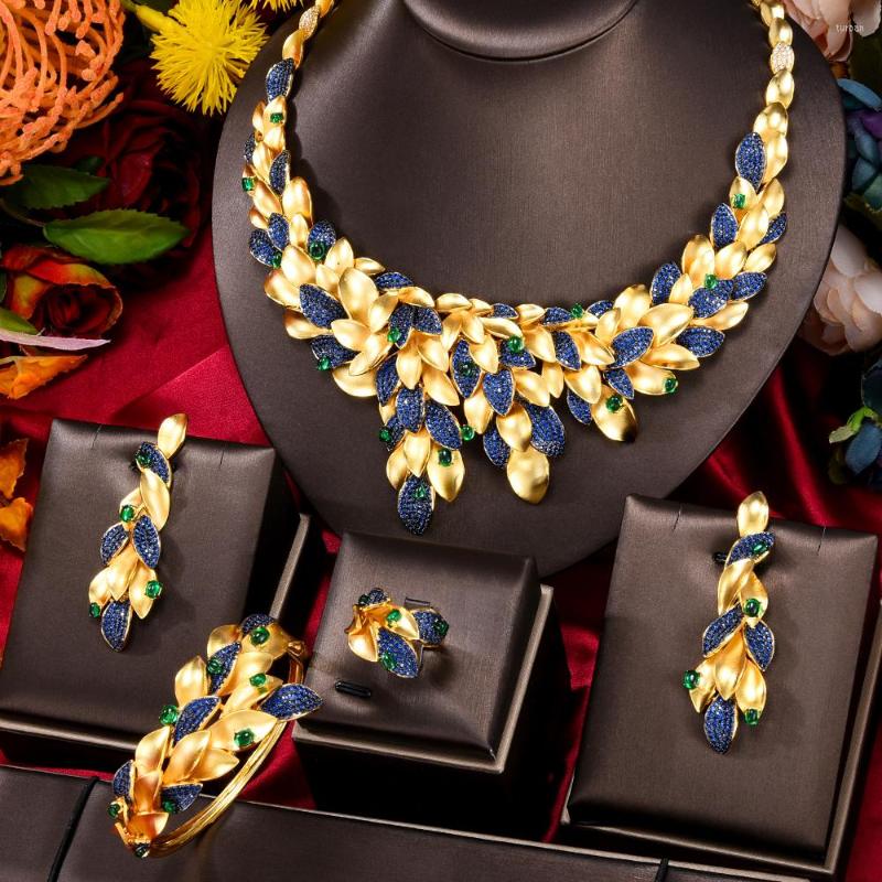 

Necklace Earrings Set GODKI Luxury Matte Leaf Forest 4PCS Jewelry For Women Wedding Zircon Crystal Naija African Dubai Bridal, Picture shown