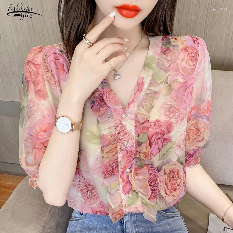 

Women' Blouses 2023 Summer Casual Chiffon Floral Print Elegant V-Neck Tops Fashion Folds Short Sleeve Button Pullovers Shirt 22362, Photo