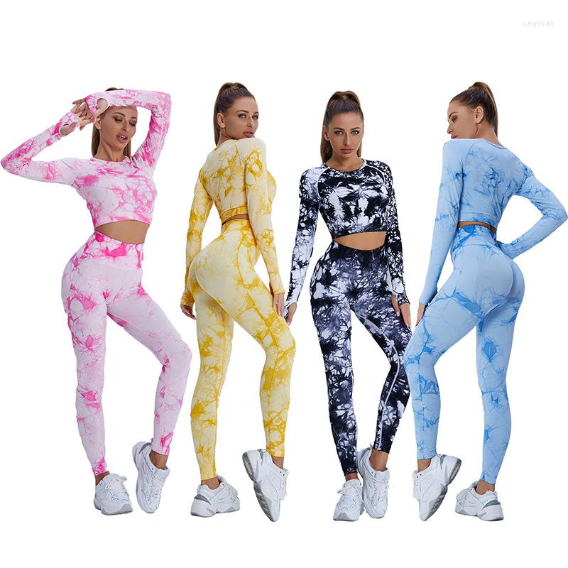 

Active Sets Workout Clothes Women Fitness Set Yoga Suit Top Seamless Long Sleeve Tie Dyed High Waist Pants Sportswear Gym, Sky blue