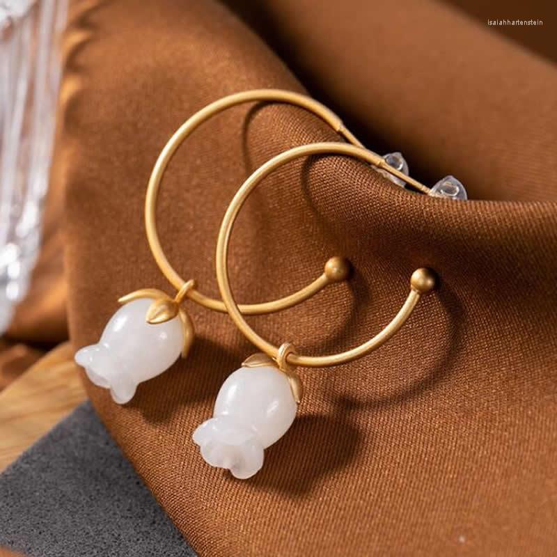 

Hoop Earrings Pure S925 Silver Women Natural White Jadeite Flower