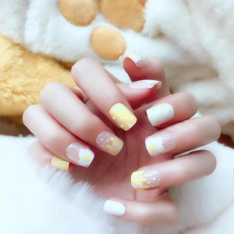 

False Nails 24Pcs Ins Women Wearable Full Cover Finger Fake Nail Cute Egg Yellow Sticker Matte Short Round Head RP, Default
