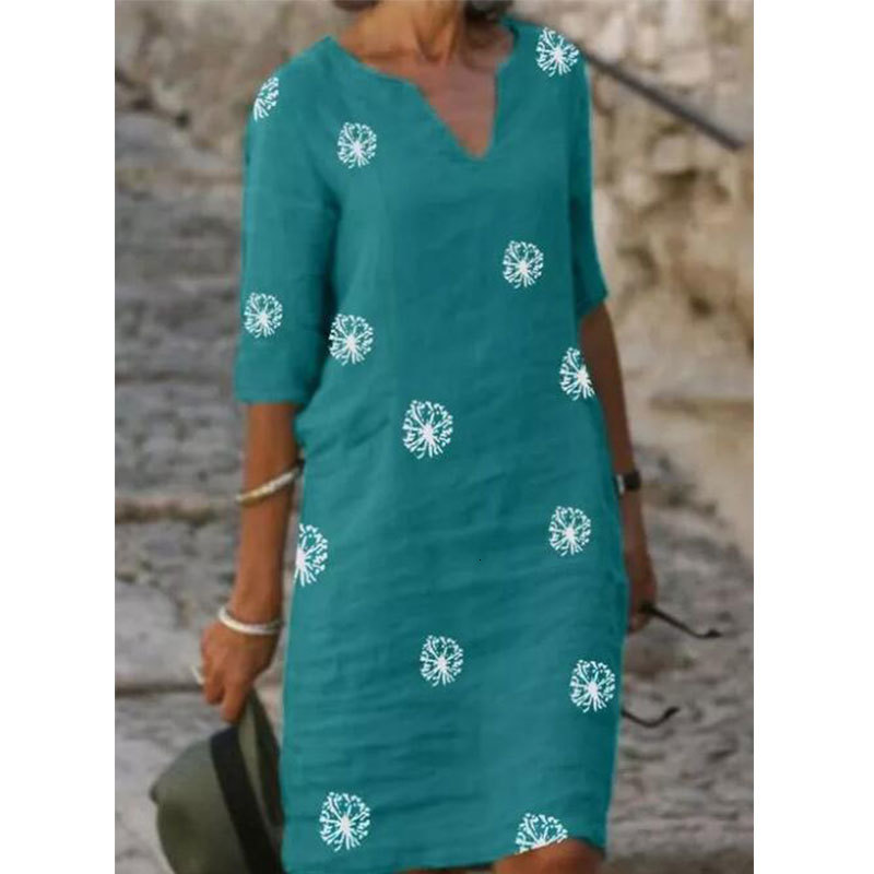 

Casual Dresses Woman Summer Beach Dress Vintage Cotton Linen Three Quarter Sleeve Print Dress Casual Loose V Neck Party Dresses For Female 230313, Yellow