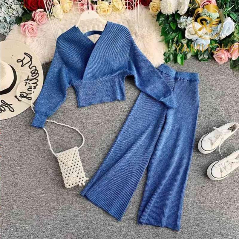 

Down jacket Elgant Fashion Women Shining Knitted Two Pieces Set Autumn Winter V Neck Bat Sleeve Sweater Top Elastic Wide Leg Long Pan Bdus, Black