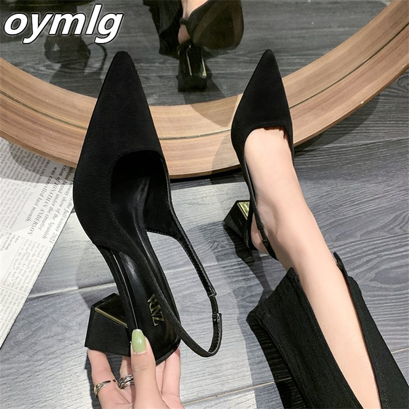 

Sandals Pointed toe sandals female fairy style summer all-match medium heel buckle thick heel temperament women shoes high heel 230313, Black