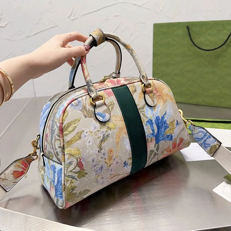 

Floral Printed Tote Bag Women Handbag Canvas Shoulder Crossbody Bags Striped Patchwork Detachable Adjustable Nylon Strap Zipper Closure Travel Duffel Totes, 1#