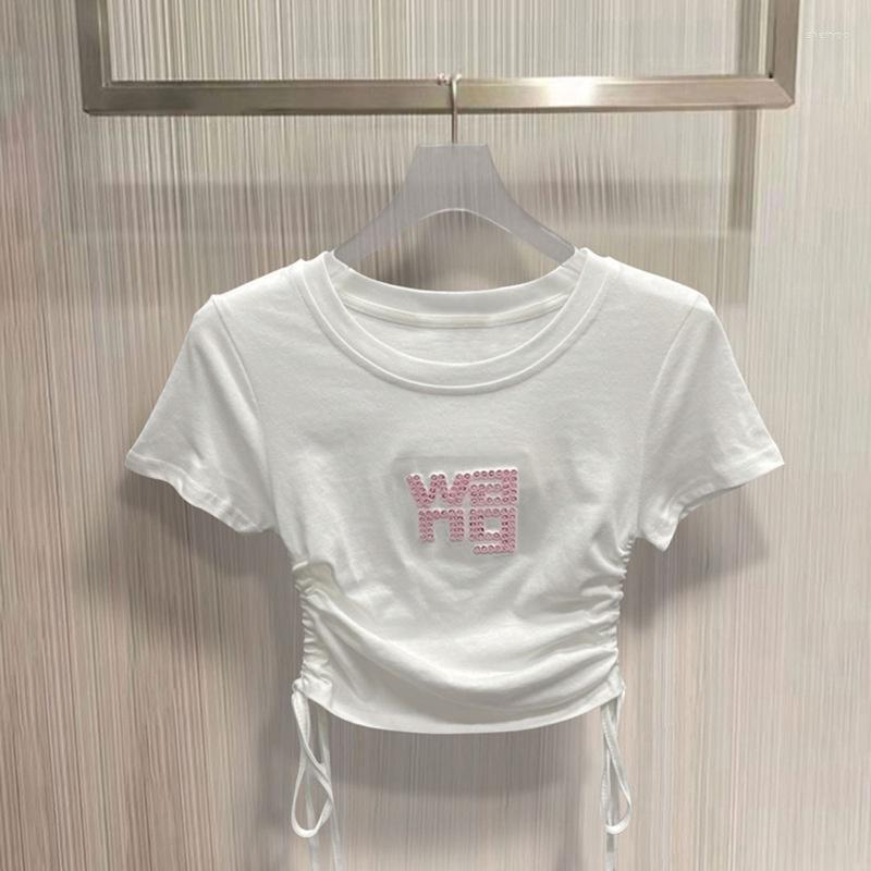 

Women' T Shirts 2023 Summer Short Sleeved White T-shirt Sequin Letter Drawstring Waistband Cotton Shirt, Blue