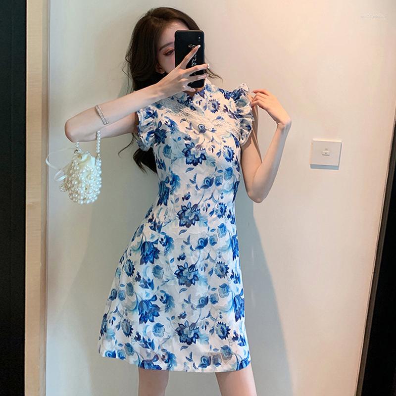 

Casual Dresses Fashion Summer Korean Stand Neck Ruffle Mini Party Dress Ladies Elegant Vintage Sleeveless Floral Print Beach Short, Blue