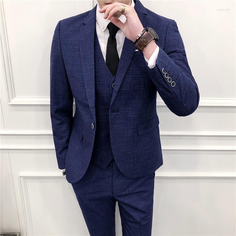 

Men' Suits Spring Autumn Smart Casual Mens Three Coats Pants Vest Business Grooms Gowns Black Grey Blue Blazer Men' Clothing Suit, Three-piece black