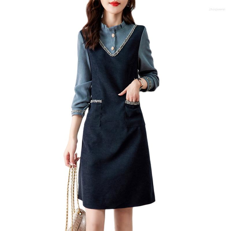 

Casual Dresses Autumn Women Dress 2023 Fashion Color Contrast Fake Two-piece Long Sleeve Splicing Elegant Ladies Vestidos, Navy blue