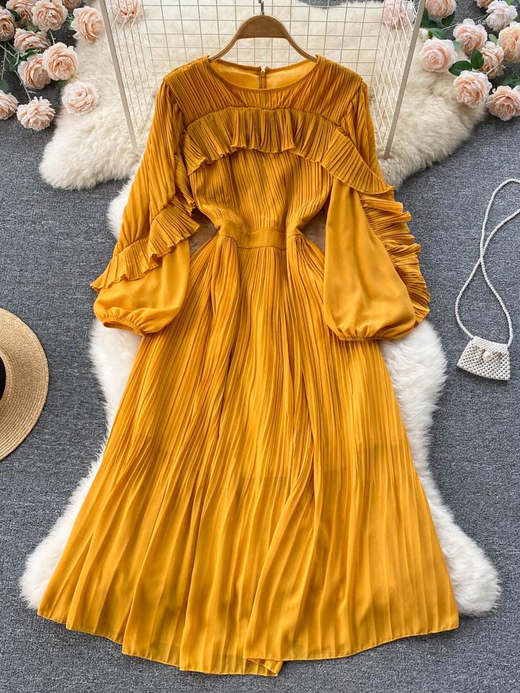 

Casual Dresses Autumn Women Bohemian Pleated Dress Elegant Ruffle Puff Long Sleeve High Waist Draped O-neck A-Line Vacation Boho Vestidos, Black