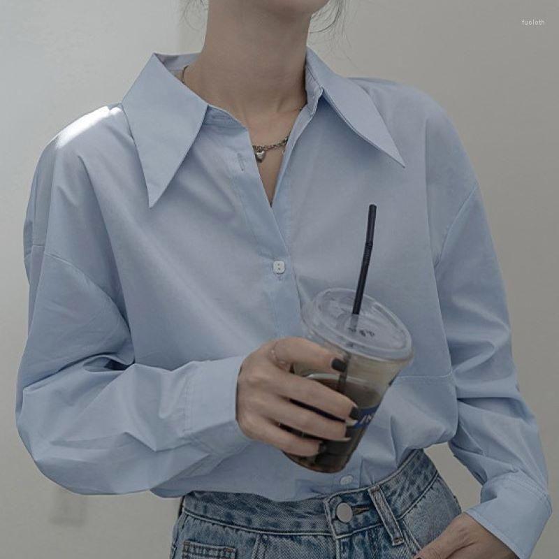 

Women' Blouses Korean Women Casual Simple Office Shirt Blue Cotton Long Sleeve Tops Autumn Single Breasted Vintage Ladies 24404, Light blue