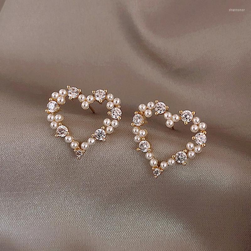 

Stud Earrings Korean Fashion Shiny Zicron Hollow Pearl Heart For Women Students Elegant Cute Boucle D'oreille Jewelry
