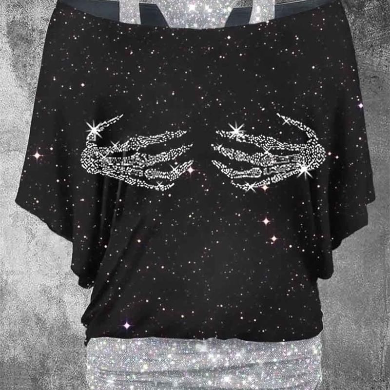 

Women's TShirt Vintage Punk Skull Printed Two Piece Top 230311, Black