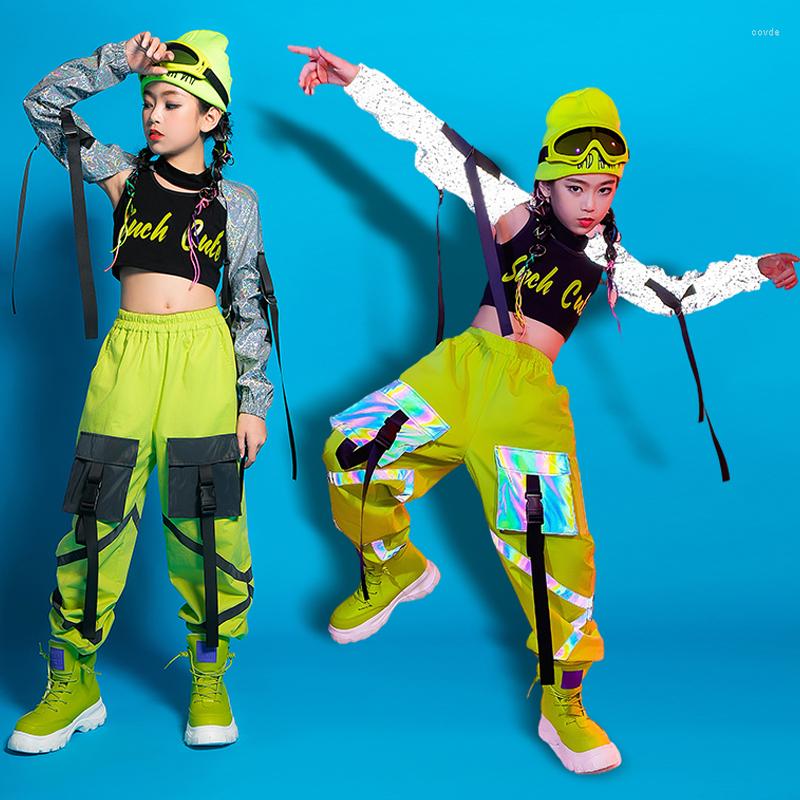 

Stage Wear Hip Hop Dance Costume Girls Reflective Sleeves Vest Green Casual Pants Clothing Jazz Ballroom Street Kids