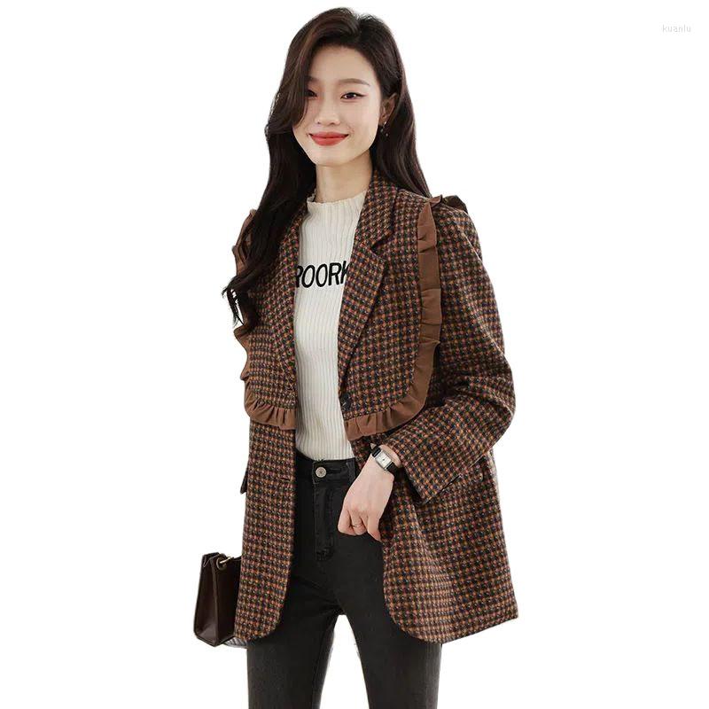 

Women' Suits Wool Blazer Women Suit Jacket Ladies 2023 Spring-Autumn Wood Ear Stitching Plaid All-match Temperament Casual Top Woman, Brown