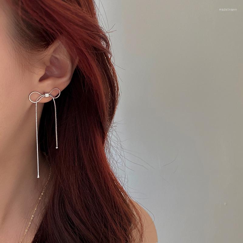 

Stud Earrings PANJBJ 925 Sterling Silver Bowknot Female Temperament Personality Versatile Tassel Long Fashion Party