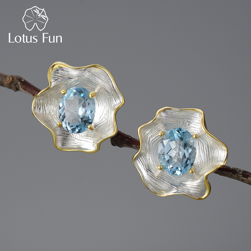 

Charm Lotus Fun Natural Topaz Gemstone Curled Leaf Stud Earrings for Women 925 Sterling Silver Vintage Baroque Style Luxury Jewelry 230313