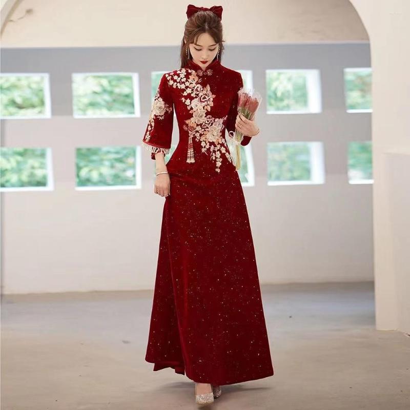 

Ethnic Clothing Party Evening Cheongsam Dress Oriental Chinese Style Woman Elegant Satin Qipao Sexy Wedding Prom Long Robe Retro Vestido
