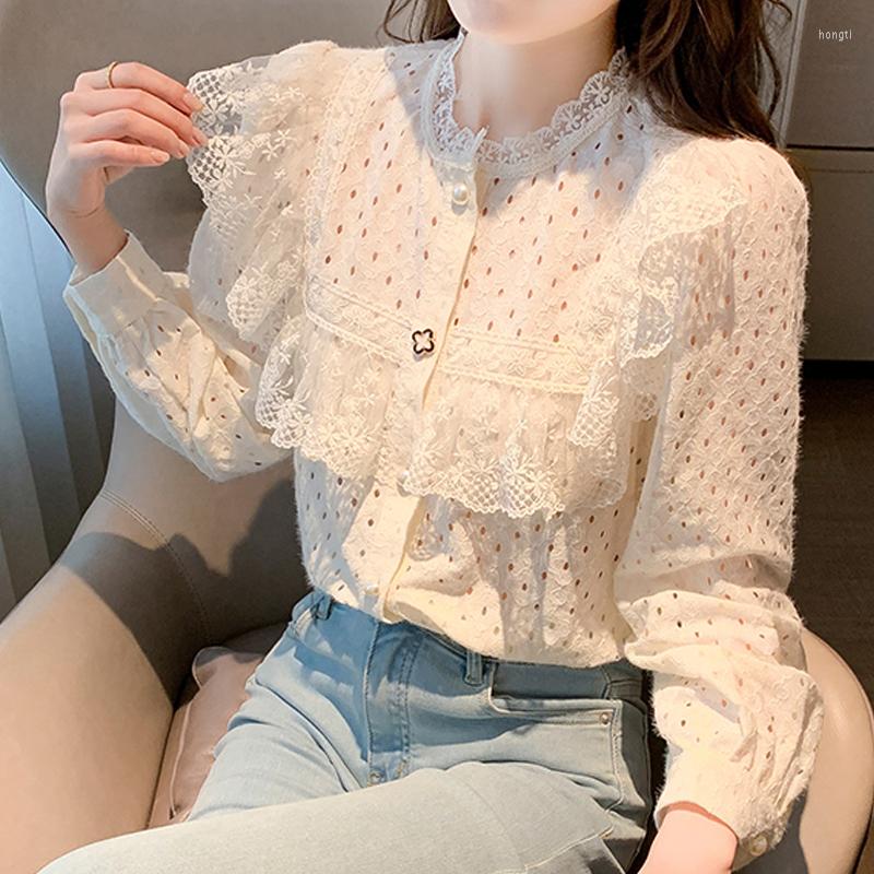 

Women' Blouses Fashion Long Sleeve Shirt Elegant Office Lady Ruffles Tops Sweet Hollow Out Women Lace Blouse Spring Stand Collar Clothes, Apricot
