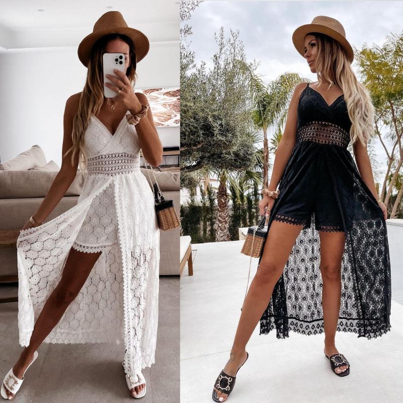 

Casual Dresses Lace Women Romper Summer Backless Hollow Out Playsuit White Patchwork Dress, Black