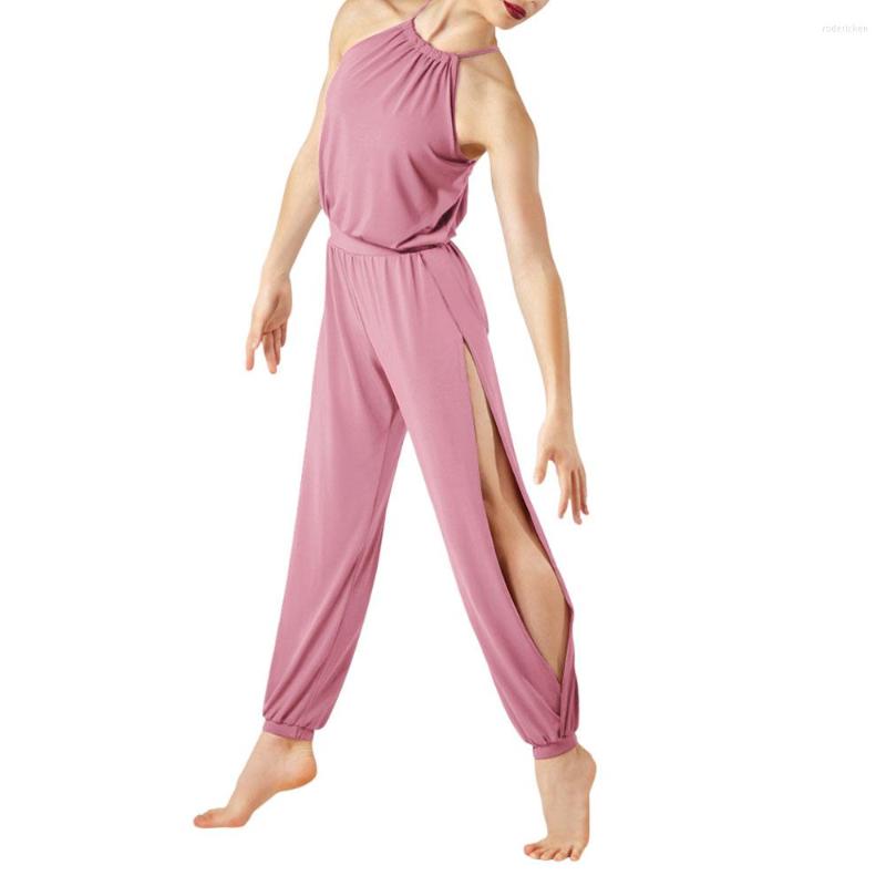 

Stage Wear Loose Camisole Sleeveless Dance Jumpsuit Sexy Split Straight Neck Women Ballroom Bodysuit Moder Lyrcal Ballet Oufits, Pink
