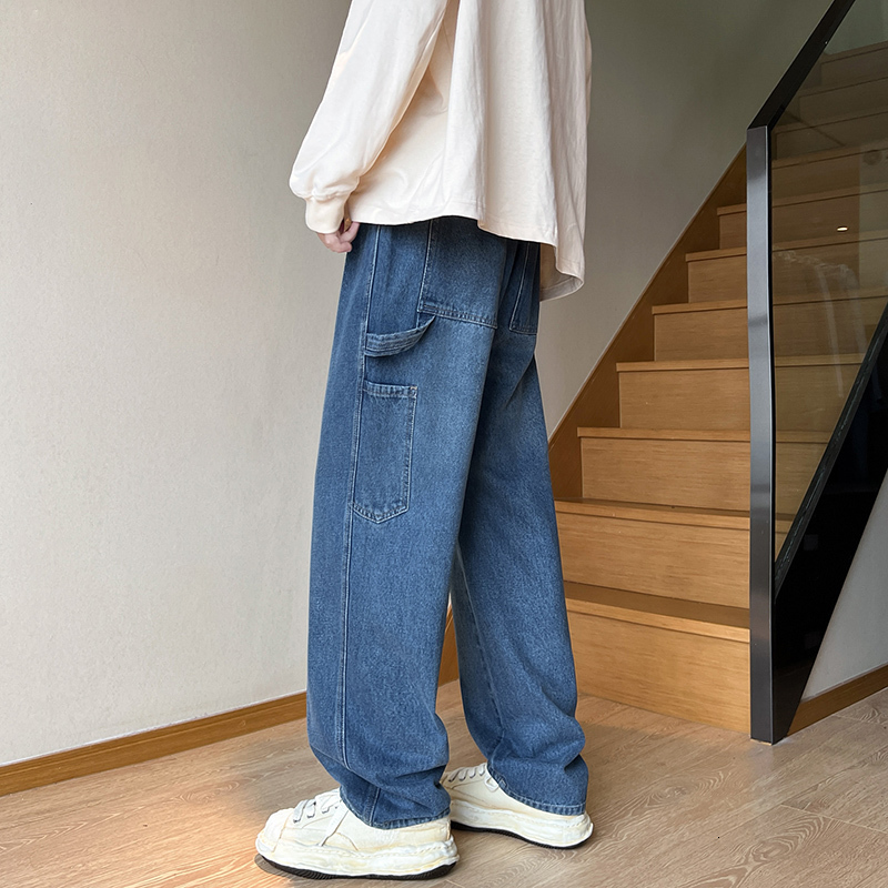 

Men's Jeans Cargo Jeans Men's Baggy Wide Leg Denim Trousers Streetwear Spring Fashion Straight Elastic Waist Korean Stitching Hip-hop Pants 230313, Dark blue