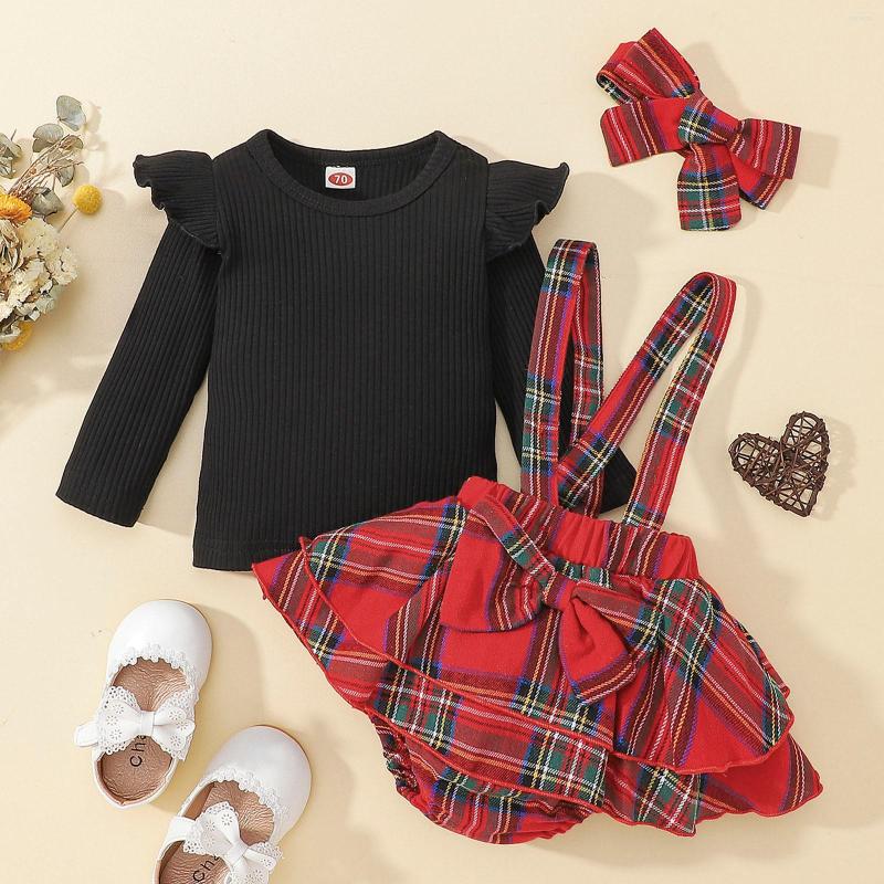 

Clothing Sets Add On Baby Girl Clothes Infant Girls Long Sleeve Ribbed Tops T Shirt Ruffles Plaid Prints Suspenders Shorts Outfit Set 5t, Black