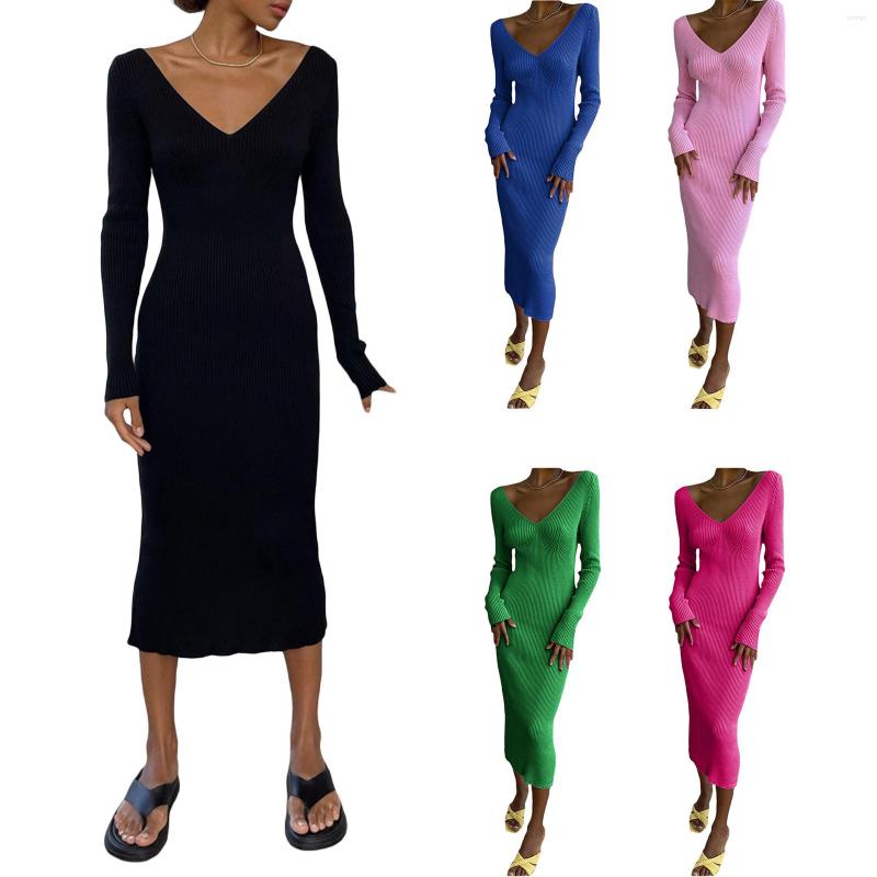 

Casual Dresses Female Long Sleeve Sweater Dress Fashion Solid Color V Neck Knit Bodycon Party For Beach Club Streetwear, Black