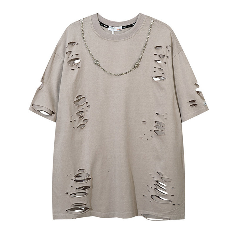 

Men's T-Shirts High Street Ripped Holes Short Sleeves T-shirt Solid Color Streetwear Oversized Casual Top Tees Summer Harakuju Tees 230313, White