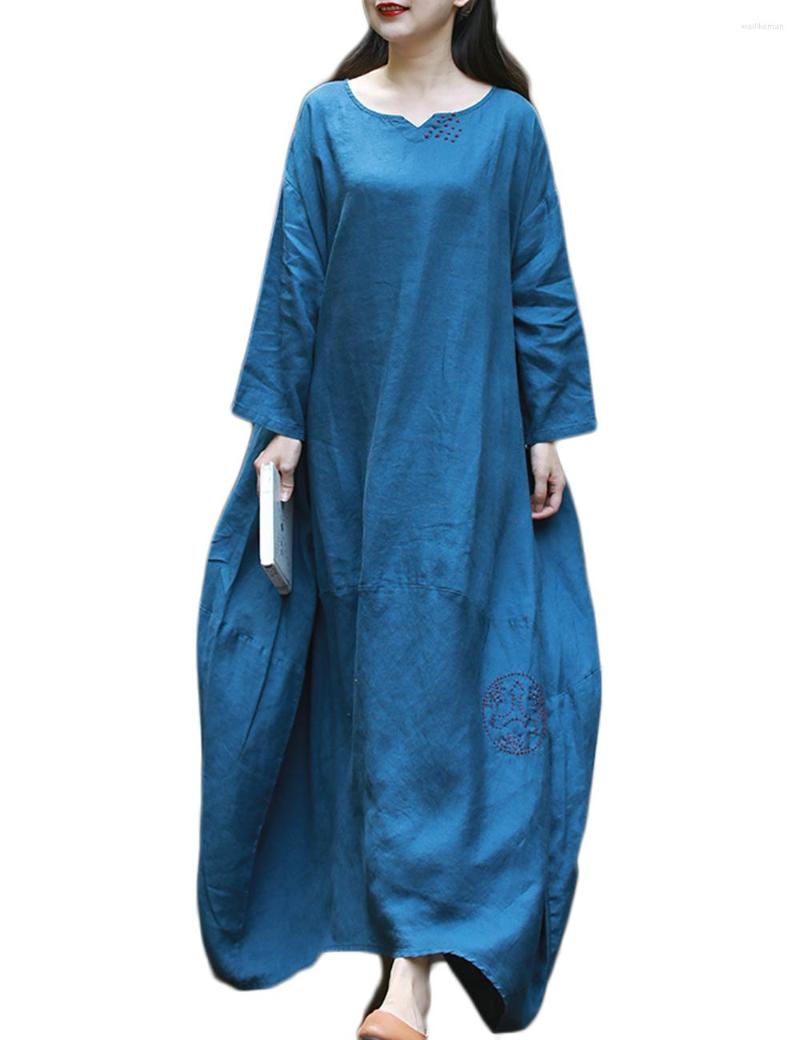 

Casual Dresses LZJN 2023 Autumn Winter Loose Maxi Long Dress Linen Hand Embroidered Sleeve Plus Size, Blue