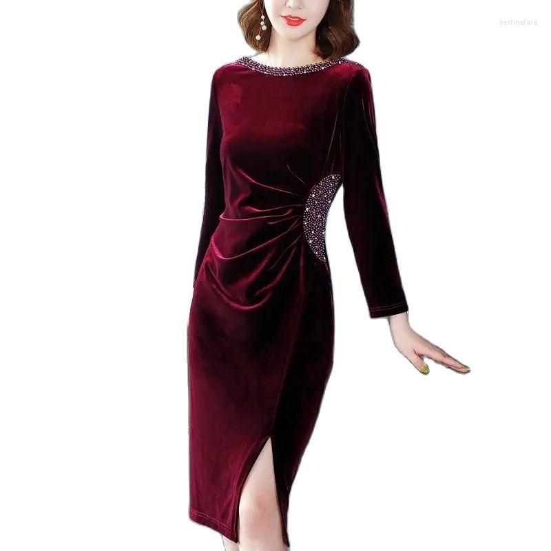 

Casual Dresses Evening Dress Women's Wedding Danquet Mother Autumn And Winter Noble Temperament Elegant Gold Velvet Long Skirt M497, Red wine