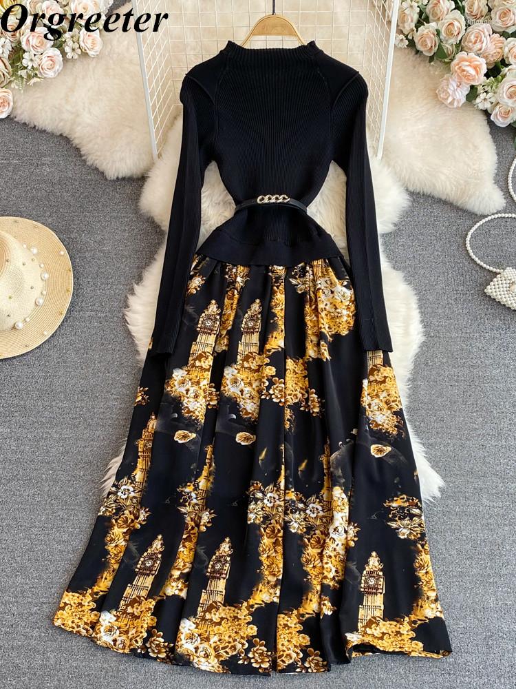

Casual Dresses Elegant Winter Women Sweater Vintage Floral Print Patchwork Long Sleeve Slim Belts Knitted Pullover Vestidos Robes Femme, Yellow