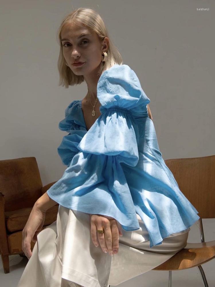 

Women' Blouses Women Elegant Blouse French Pleated Lantern Long Sleeve Square Collar Shirt Fashion 2023 Spring Autumn Female Solid Color, Blue