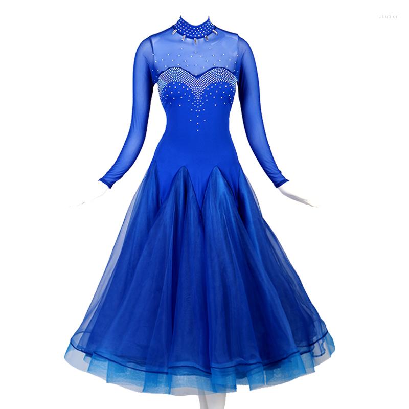 

Stage Wear Ballroom Dance Competition Dress Standard Dresses Modern Costume Waltz Blue Black Mq205, Picture shown