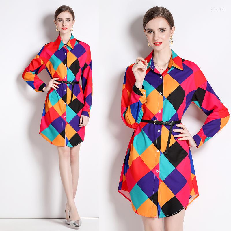 

Women's Blouses Women's Spring High-end Temperament Polo Neck Long Sleeve Single Breasted Fashion Printed Plaid Loose Shirt With Belt, Red