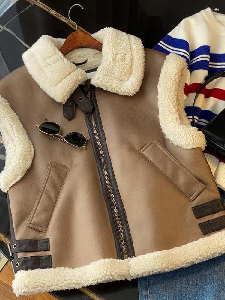

Women' Leather Autumn Winter Women Faux Suede Fur Vest Warm Integrated Sleeveless Fleece Stitching Zipper Fake Lamb Waistcoat, Camel