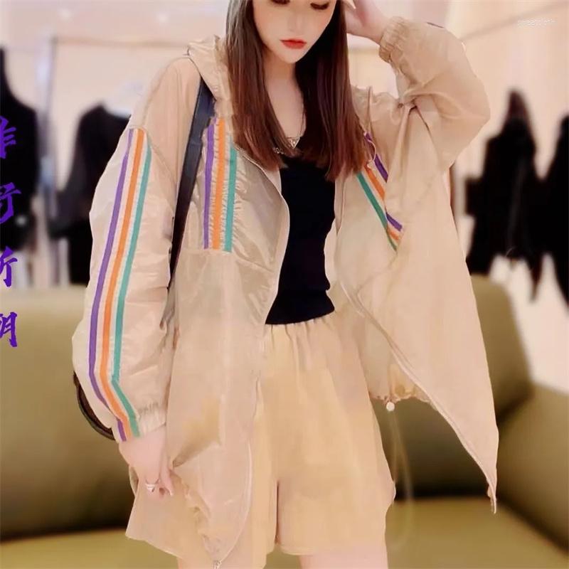 

Women's Jackets Sunscreen Women's Long Striped Stitching Thin Hooded Coat In The Summer Of 2023 Fashion Europe M906, Green
