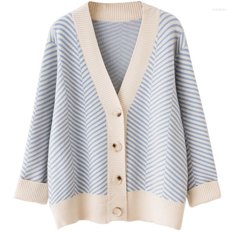 

Women's Knits 2023 Women Autumn Spring V-Neck Knitted Striped Sweaters Coat Cardigans Long Sleeve Poncho Pull Femme Tops, Blue
