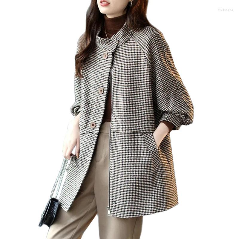 

Women's Wool Houndstooth Mid-length Woolen Coat Women's Blended Autumn Winter Korean Loose Stand-up Collar Jacket Women, Brown