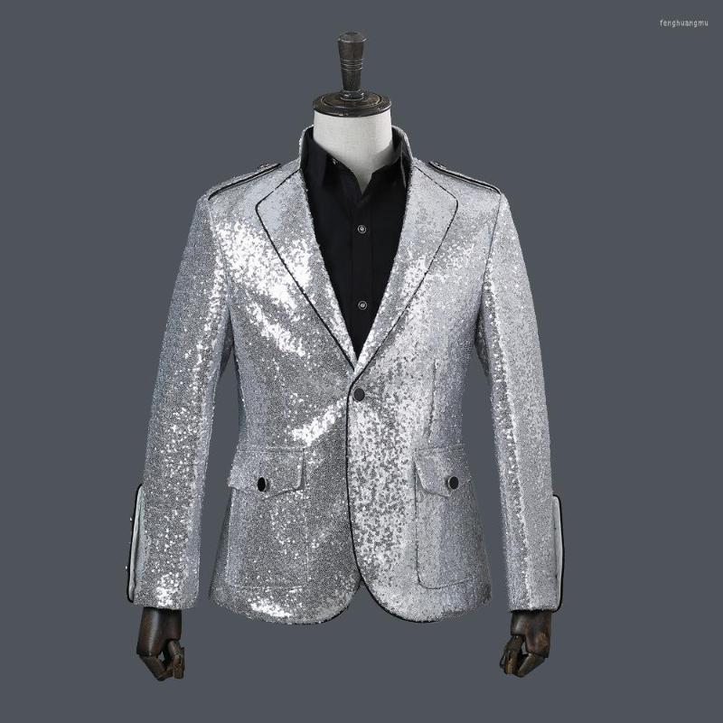 

Men' Suits Sequined Collars Rimmed Men' Tops Singers Costumes Coat Bar Blazer Men Casual Silver Mens Blazers, Picture shown