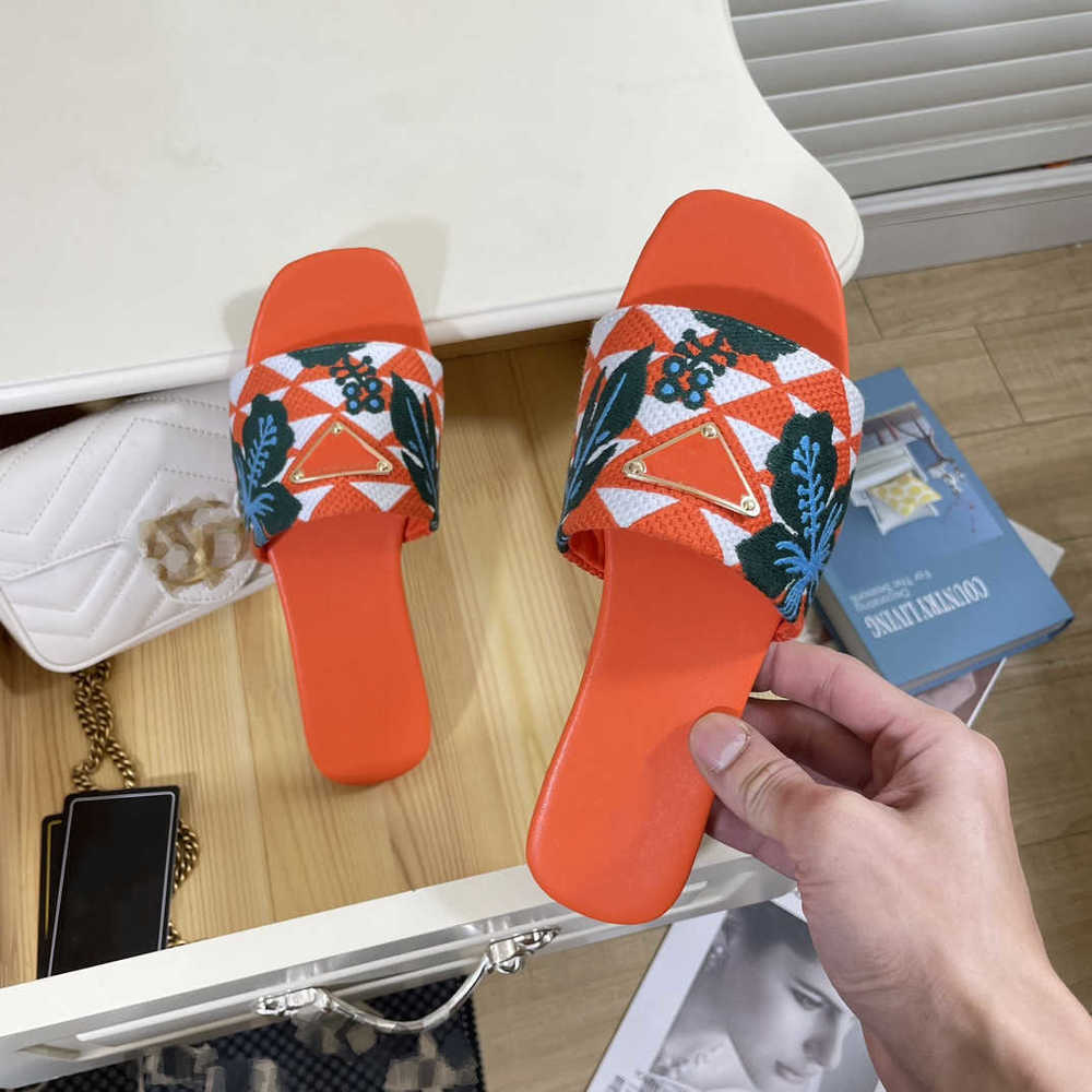 

Embroidered Fabric Slides Slippers orange blue flower Multicolor Embroidery Mules Womens Home Flip Flops Casual Sandals Summer Leather Flat Slide Rubber Sole 35-42, Pda3131