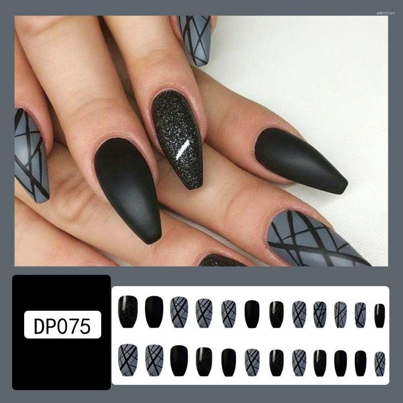 

False Nails 24pcs French Manicure Line Pattern Full Cover Fake Long Ballerina Love Drill Chain