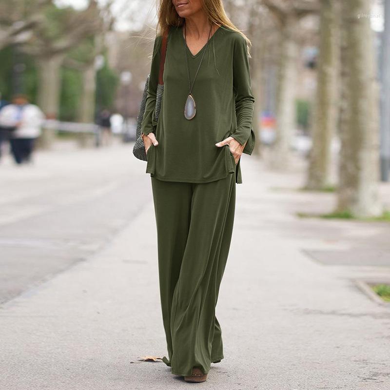 

Women's Two Piece Pants Women Casual Loose Suits Sexy V-neck Pullover Tops And Pcoket Long Pant Outfits Elegant Sleeve Solid Homewear Set, 03 green