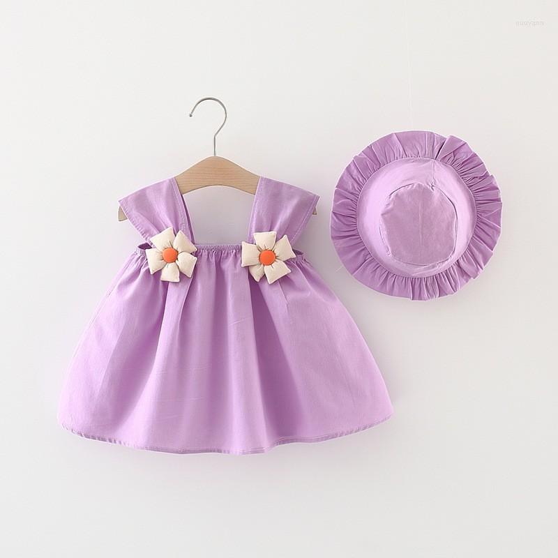 

Girl Dresses 2pcs Infant Clothes Cute Flowers Sleeveless Cotton Baby Girls Dress Sunhat Princess Beach Toddler Born 1-3Y, Green