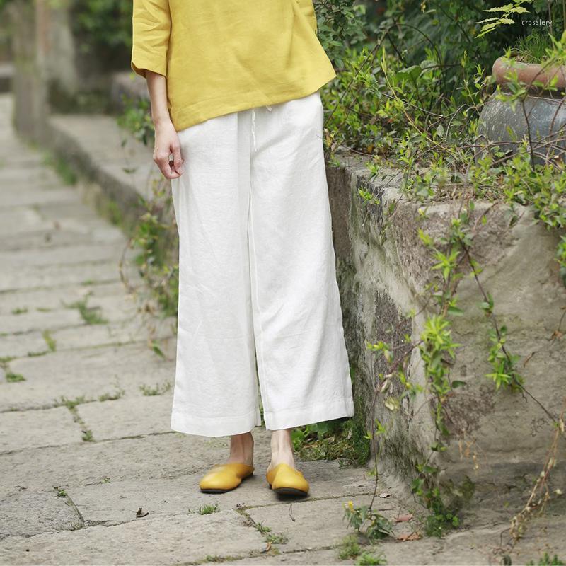 

Women's Pants Johnature Vintage Linen Women Elastic Waist Lace Up Ninth 2023 Summer Solid Color Loose Casual Wide Leg, White