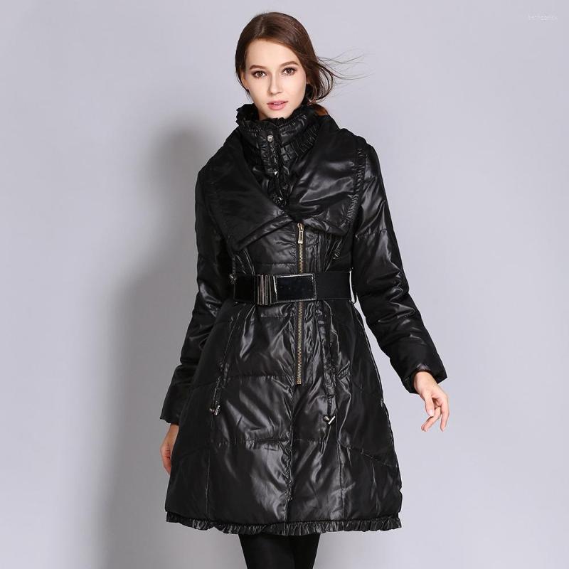 

Women's Trench Coats Lugentolo Winter Coat Women Elegant Mid-length Down Padded Jacket Solid Belt Zipper Lapel Warm Parkas, Black