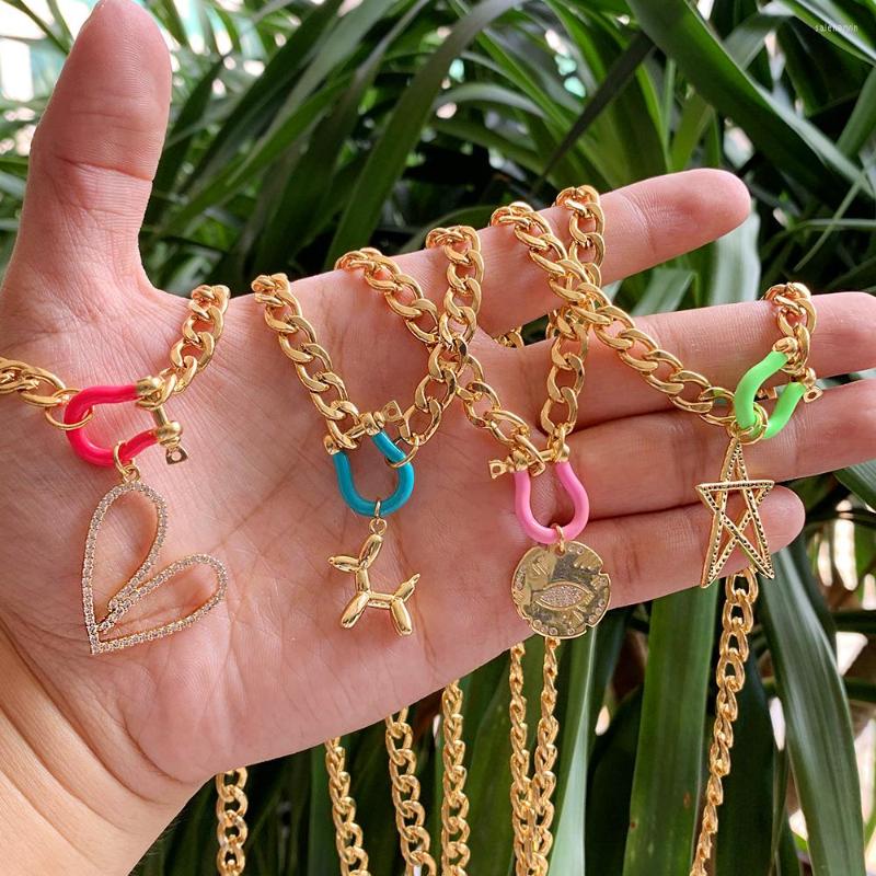 

Pendant Necklaces Enamel Hooves Buckle Hollow Out Star/Heart Shape Embossing Brass Pndant Gold Plated Copper Cuban Chain Necklace