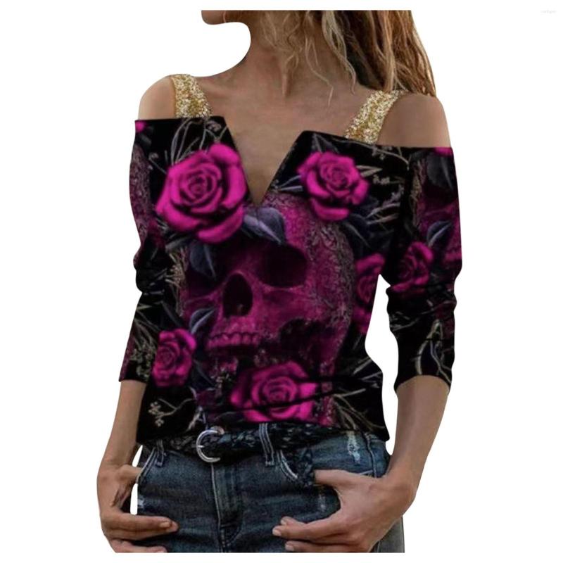 

Women's Blouses 2023 Vintage Print Long Sleeve Shirts Women Blouse Sexy Sling V-Neck Off Shoulder Tops Elegant Rose Pattern Shirt Streetwear, Hot pink