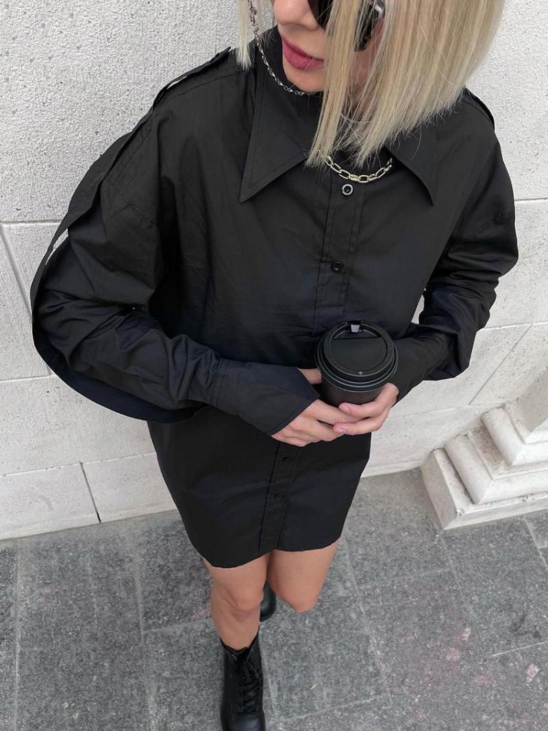

Women' Blouses CamKemsey 2023 Elegant Lapel Long Sleeve Single Breasted Loose Shirts Women Streetwear Asymmetry Black Dress
